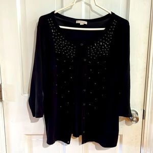 Dressy black sweater with beads, 3/4 length sleeves, button down, size large